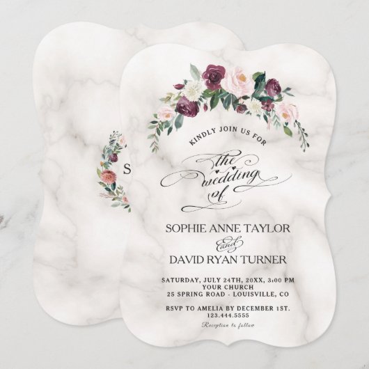 Burgundy Blush Ivory Floral Bloom Marble Wedding Kaart (Voorkant / Achterkant)