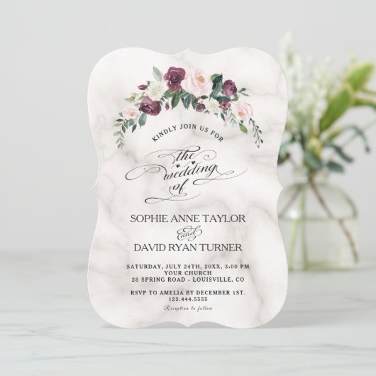 Burgundy Blush Ivory Floral Bloom Marble Wedding Kaart (Staand voorkant)