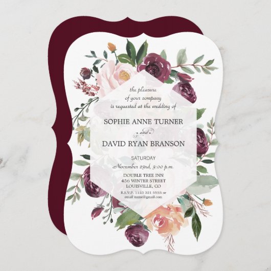 Burgundy Blush Ivory Floral Geometric Wedding Kaart (Voorkant / Achterkant)