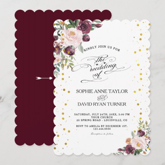 Burgundy Blush Ivory Floral Maroon Gold Wedding Kaart (Voorkant / Achterkant)