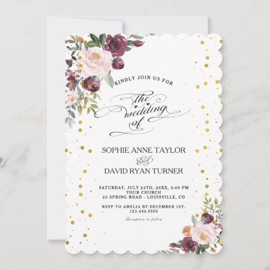 Burgundy Blush Ivory Floral Maroon Gold Wedding Kaart (Voorkant)
