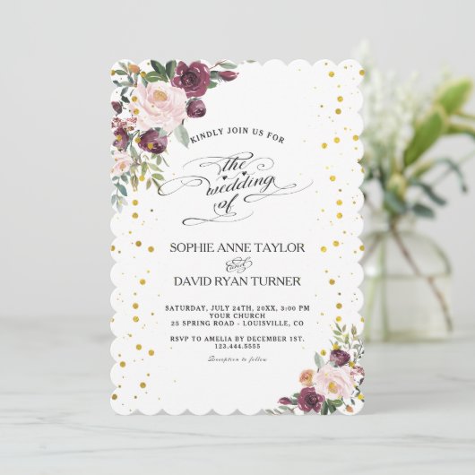 Burgundy Blush Ivory Floral Maroon Gold Wedding Kaart (Staand voorkant)