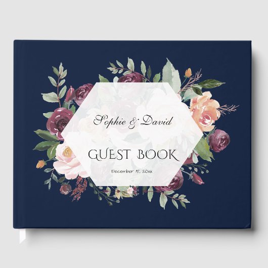 Burgundy Blush Ivory Floral Navy Blue Wedding Gastenboek (Voorkant)