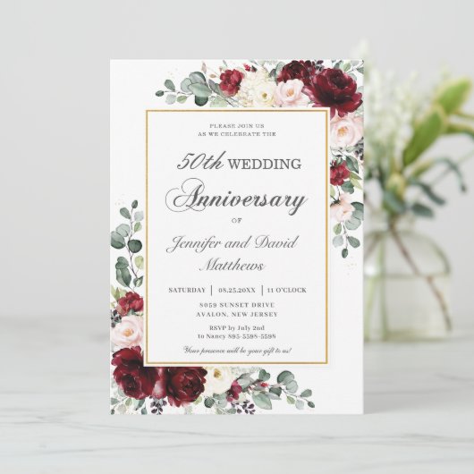 Burgundy Blush Ivory Floral Wedding Jubileum Kaart (Staand voorkant)