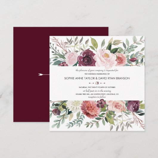 Burgundy Blush Ivory Floral Wreath Wedding Kaart (Voorkant / Achterkant)