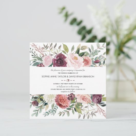 Burgundy Blush Ivory Floral Wreath Wedding Kaart (Staand voorkant)