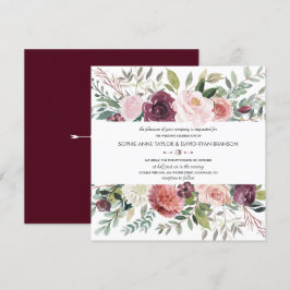 Burgundy Blush Ivory Floral Wreath Wedding Kaart