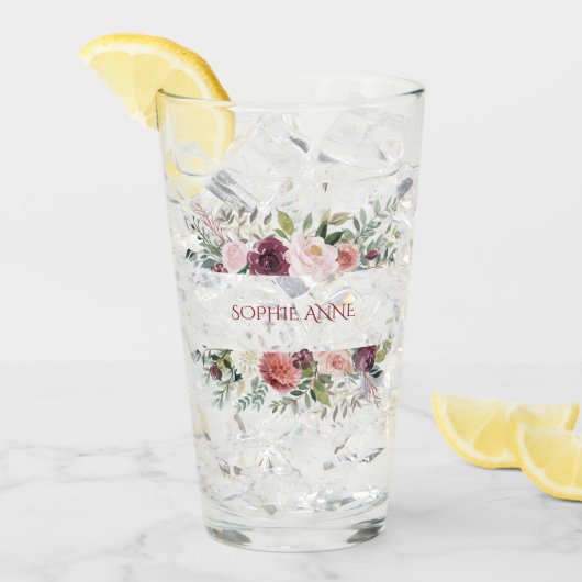 Burgundy Blush Ivory Flowers Lijst Monogram Glas (Voorkant ijs)