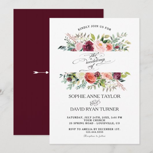 Burgundy Blush Ivory Flowers Lijst Weddenschap Kaart (Voorkant / Achterkant)