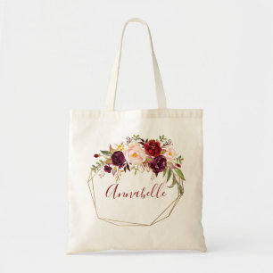 Burgundy & Blush Marsala Bloemstuk & Naam Frame Tote Bag