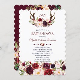 Burgundy Blush Marsala Floral Antlers Baby shower Kaart