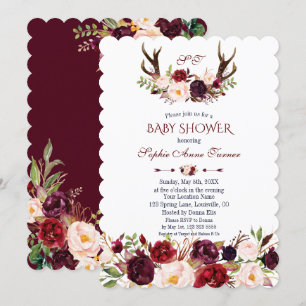 Burgundy Blush Marsala Floral Antlers Baby shower Kaart