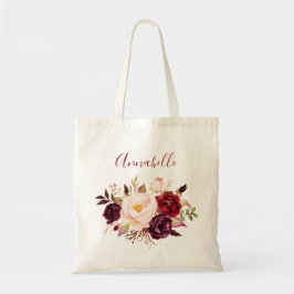 Burgundy & Blush Marsala Floral & Name of Monogram Tote Bag