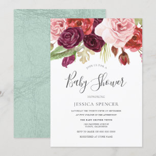 Burgundy Blush & Mint Floral Baby shower Invite Kaart