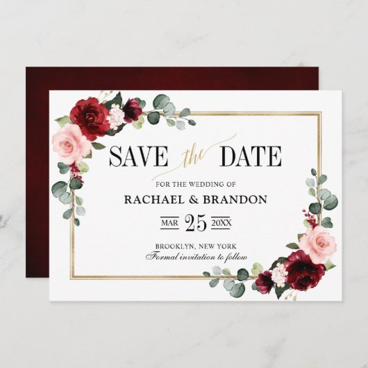 Burgundy Blush Modern Geometric Save the Date (Voorkant / Achterkant)