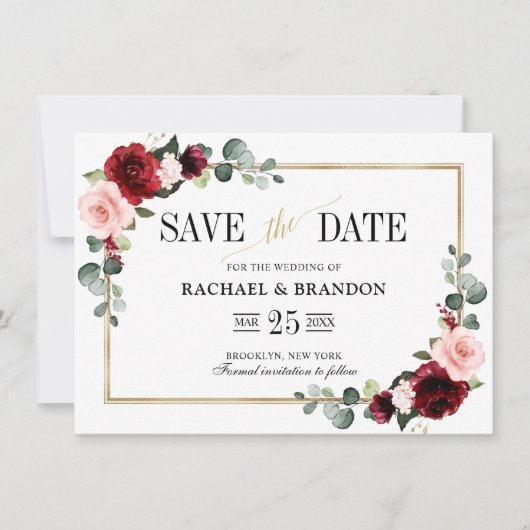 Burgundy Blush Modern Geometric Save the Date (Voorkant)