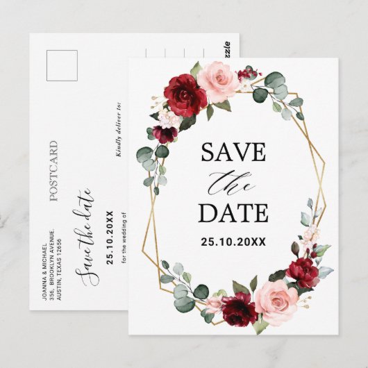 Burgundy Blush Modern Geometric Save the Date Briefkaart (Voorkant / Achterkant)
