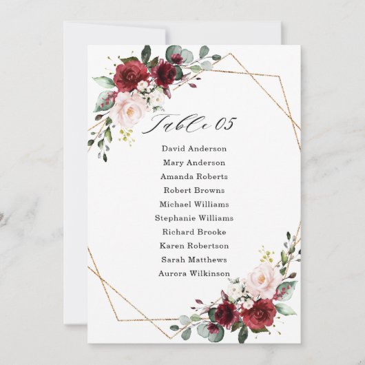 Burgundy Blush Modern Geometric Seating Chart Card Kaart (Voorkant)