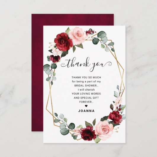 Burgundy Blush Modern Geometric Vrijgezellenfeest Bedankkaart (Voorkant / Achterkant)