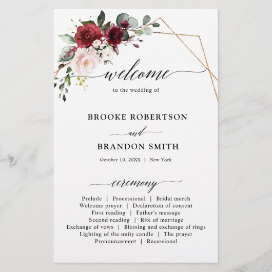 Burgundy Blush Modern Geometric Wedding Programme (Voorkant)