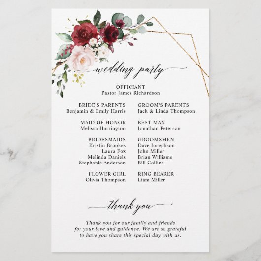 Burgundy Blush Modern Geometric Wedding Programme (Achterkant)