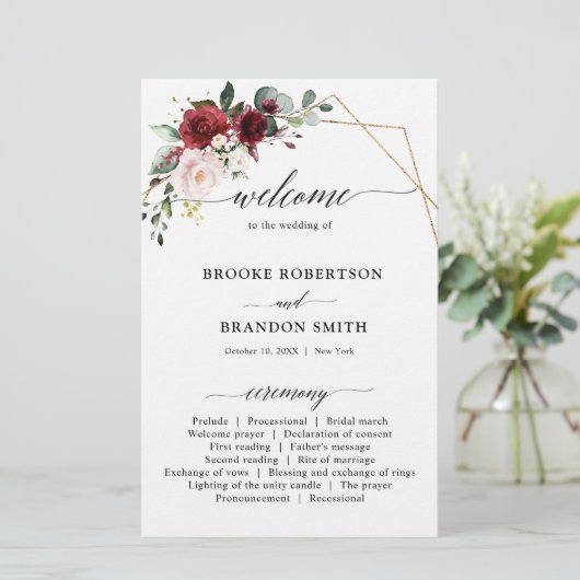 Burgundy Blush Modern Geometric Wedding Programme (Staand voorkant)