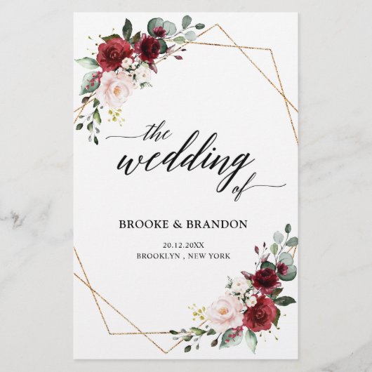 Burgundy Blush Modern Geometric Wedding Programme (Voorkant)