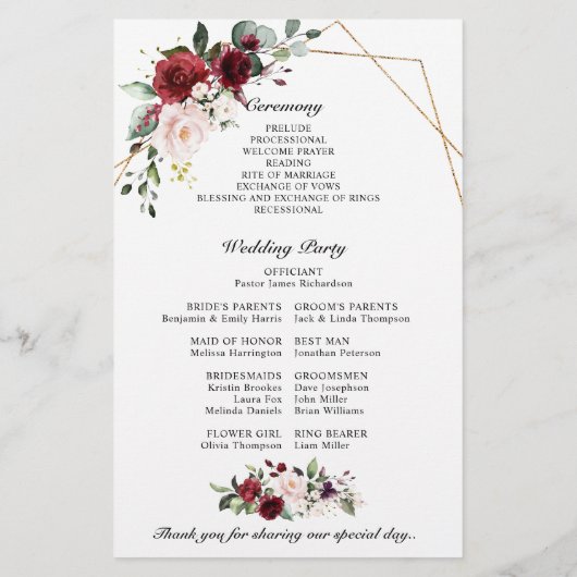 Burgundy Blush Modern Geometric Wedding Programme (Achterkant)