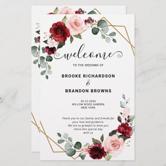 Burgundy Blush Modern Geometric Wedding Programme (Voorkant / Achterkant)
