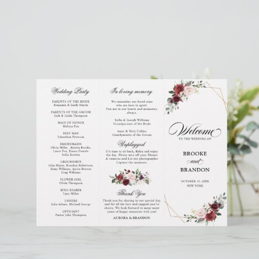 Burgundy Blush Moderne Geometrische Trouwprogramma (Staand voorkant)