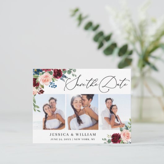 Burgundy Blush Navy 3 PHOTO Weddenschap Briefkaart (Staand voorkant)