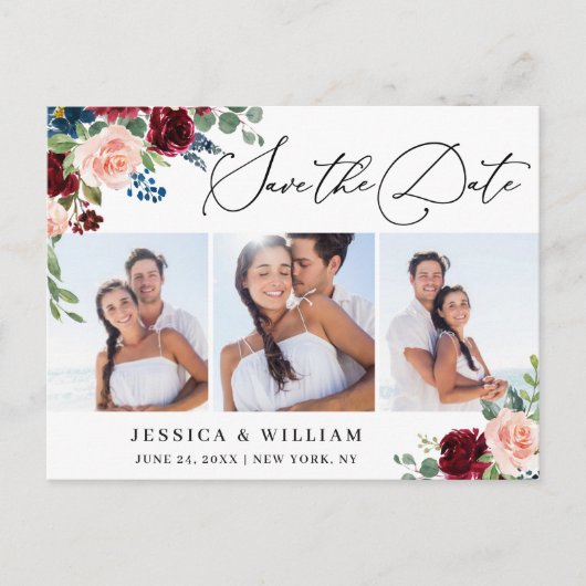 Burgundy Blush Navy 3 PHOTO Weddenschap Briefkaart (Voorkant)