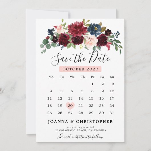 Burgundy Blush Navy Blauw Botanisch Bloemmotief Bo Save The Date (Voorkant)