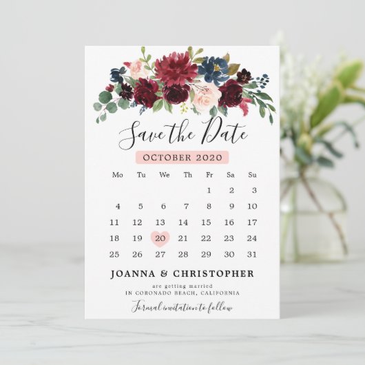 Burgundy Blush Navy Blauwe Botanische Bloemrijke B Save The Date (Staand voorkant)