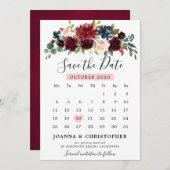Burgundy Blush Navy Blauwe Botanische Bloemrijke B Save The Date (Voorkant / Achterkant)