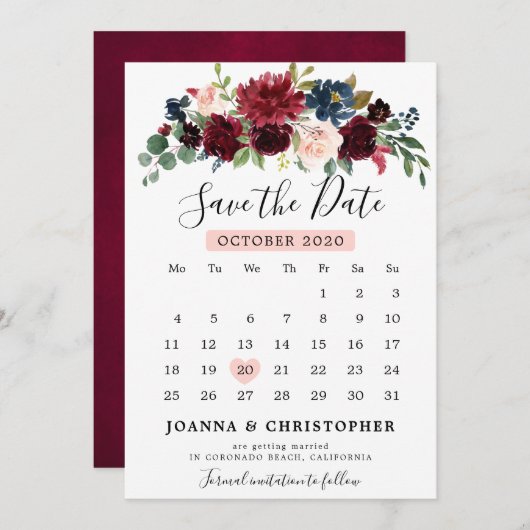 Burgundy Blush Navy Blauwe Botanische Bloemrijke B Save The Date (Voorkant / Achterkant)