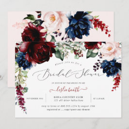 Burgundy Blush Navy Bloemen Bruiloftsfeest Kaart