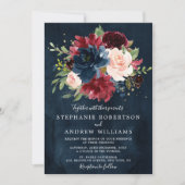 Burgundy Blush Navy Blue Botanical Floral Wedding Kaart (Voorkant)