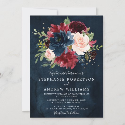 Burgundy Blush Navy Blue Botanical Floral Wedding Kaart (Voorkant)