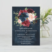 Burgundy Blush Navy Blue Botanical Floral Wedding Kaart (Staand voorkant)
