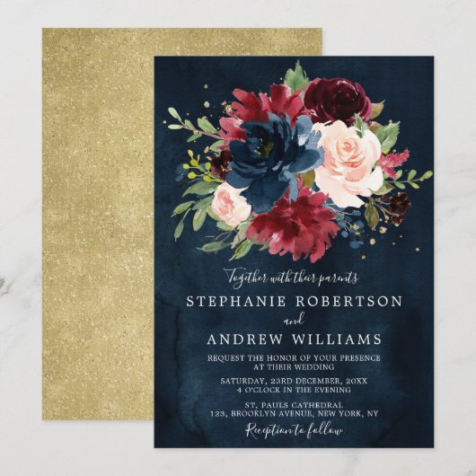 Burgundy Blush Navy Blue Botanical Floral Wedding Kaart (Voorkant / Achterkant)