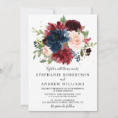 Burgundy Blush Navy Blue Botanical Floral Wedding Kaart (Voorkant)
