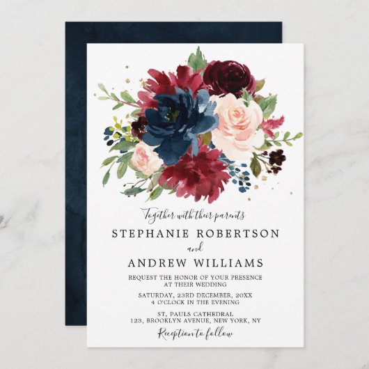 Burgundy Blush Navy Blue Botanical Floral Wedding Kaart (Voorkant / Achterkant)
