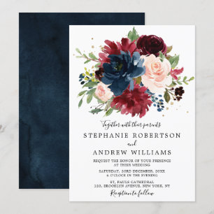 Burgundy Blush Navy Blue Botanical Floral Wedding Kaart