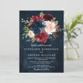 Burgundy Blush Navy Blue Botanical Floral Wedding Kaart (Staand voorkant)