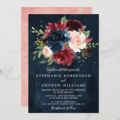 Burgundy Blush Navy Blue Botanical Floral Wedding Kaart (Voorkant / Achterkant)