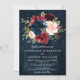 Burgundy Blush Navy Blue Botanical Floral Wedding Kaart