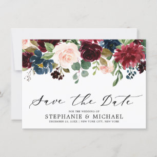 Burgundy Blush Navy Blue Botanical Floral Wedding Save The Date