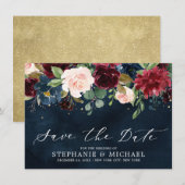 Burgundy Blush Navy Blue Botanical Floral Wedding Save The Date (Voorkant / Achterkant)