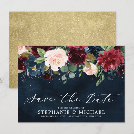 Burgundy Blush Navy Blue Botanical Floral Wedding Save The Date (Voorkant / Achterkant)
